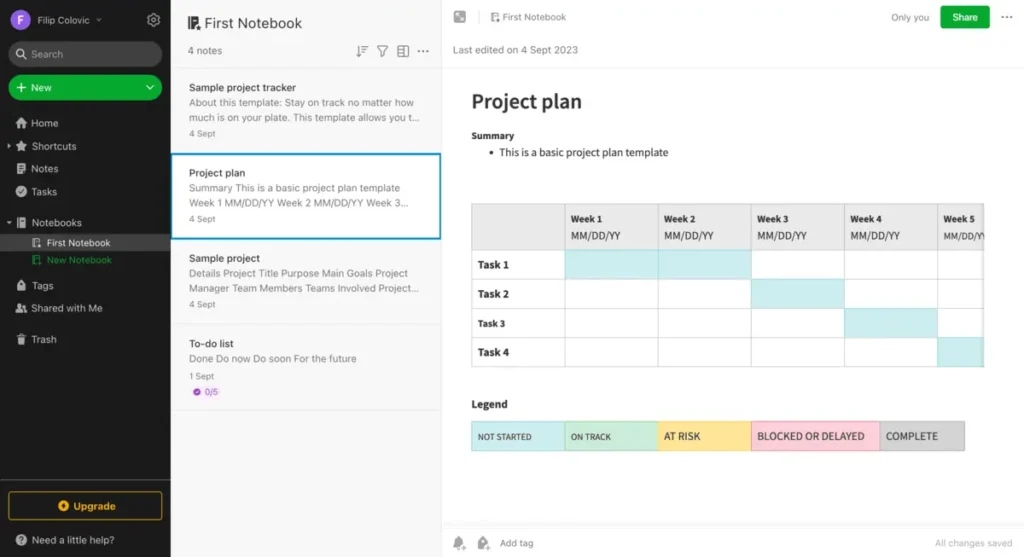 Vista de libreta de Evernote