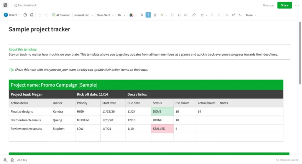 Plantilla de seguimiento de proyectos de Evernote