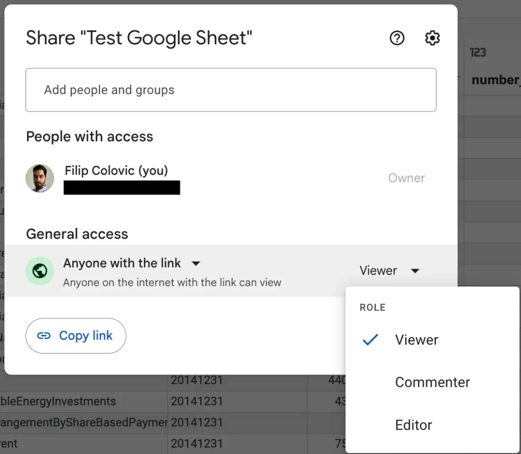 Opciones de uso compartido de Google Sheets