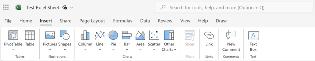 Ficha de inserción de Microsoft Excel con categorías de gráficos