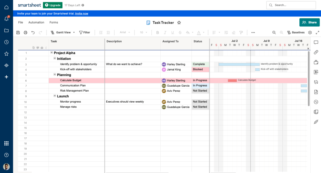 Vista de hoja de Smartsheet